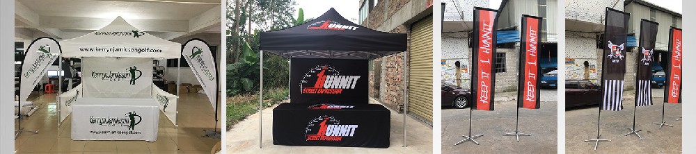 Pop Up Tent + Table Cover+ Teardrop/Feather Banner for an Outdoor Advertising